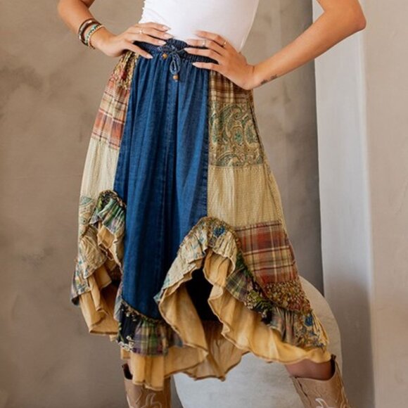 #201 Boho Denim Pattern Ruffle Midi Skirt - Picture 2 of 7